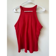 Red Ribbed High Neck Tank Top with Built-in Bra Sleeveless Active Top Large