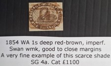 Scarce 1854 Western Australia 1/- Dp red Brown Imp Swan Stamp Used Cat £1100.00.