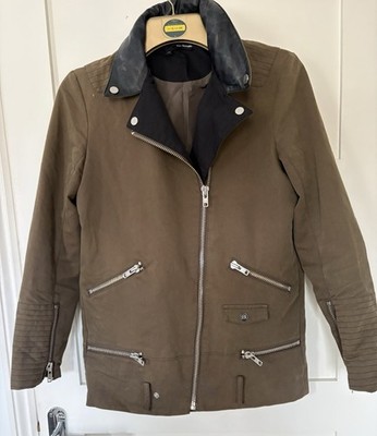 The Kooples Damen Caban Jacke Mantel Gr. XS Khaki Grün Lamm Lederbesatz Kapuze