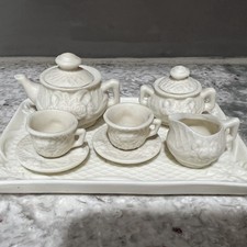 White Ceramic Miniature Dollhouse Tea Set with Tray, Teapot, Sugar Bowl, Cups