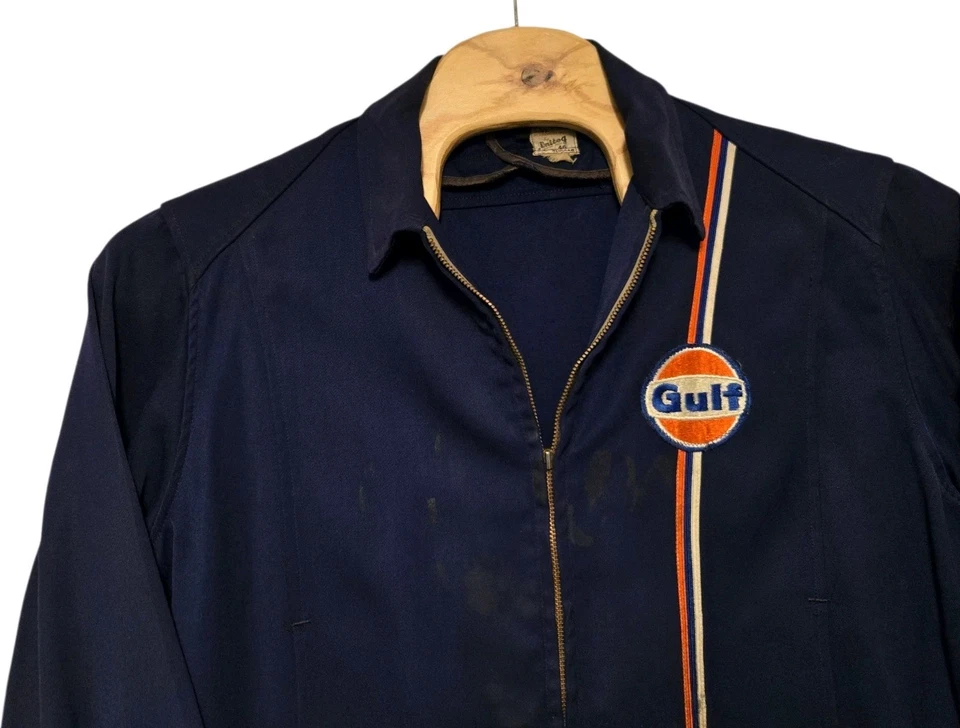 Chaqueta de trabajador Gulf Gasolinera Attendant 1970 Unitog rara talla 46 azul LEER Foto 2 de 4