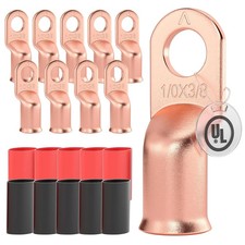 10pcs 1/0 Awg-3/8 Copper Wire Lugs, Heavy Duty 0 Gauge Terminals  1/0 Gaug...