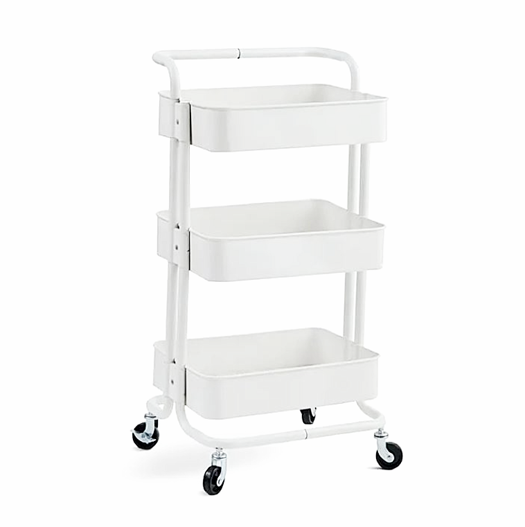Metal Trolley on Wheels 3-Tier in White Makeup Storage Shelves Cleaning Trolley