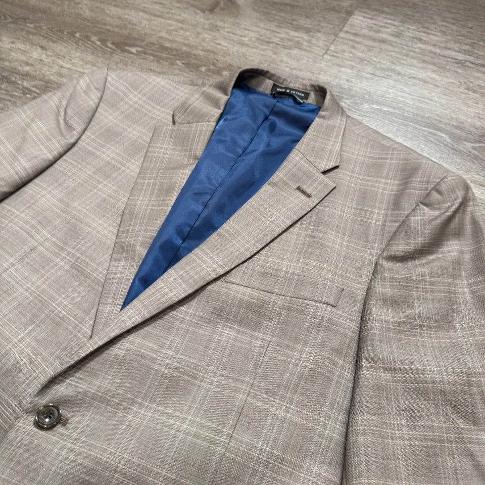 Tommy Hilfiger Sport Coat Mens 44 R Beige Plaid Blazer Jacket Two Button Wool - Image 3 of 4