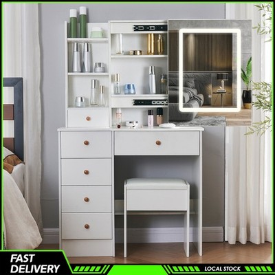 White Vanity Set Sliding LED Mirror 3 Modes Hidden Storage 6 Drawers + Stool