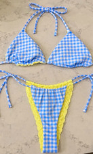 Blue White Yellow Gingham Triangle Halter Padded Bikini Set Lace Trim M