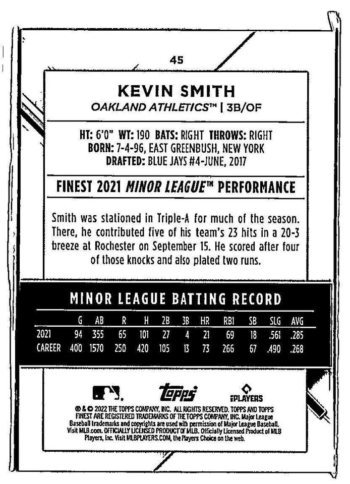2022 Finest #45 Kevin Smith ROOKIE Oakland A's - Image 2 of 2