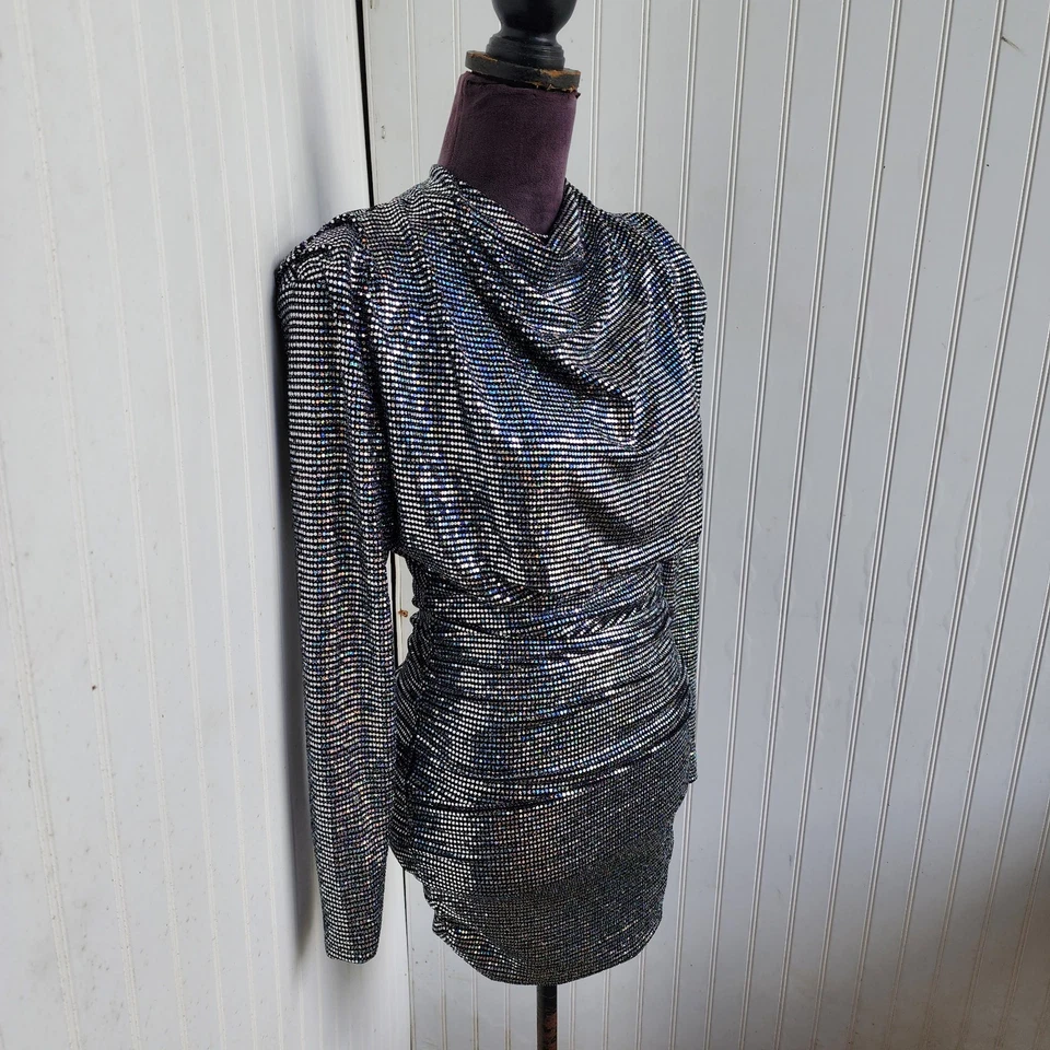 Vestido Bershka Mujer Edición Especial Lentejuelas Negro Plata Manga Larga Elastizado S Foto 4 de 4