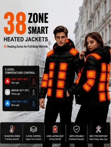 Men's Heated Jacket With 38 Heating Zones 3 Level Temp Power Bank Not Included - product listing photo