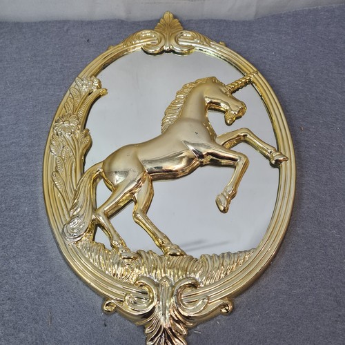Vintage Gold Tone Plastic Unicorn Mirror Fairytale Magical Hanging Plaque Decor