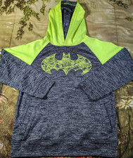 Batman Boys Pullover Hoodie Gray Neon Yellow Fleece Graphic Print Size L 10/12 