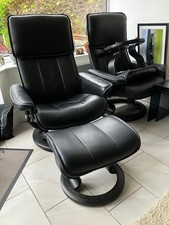 Ekornes Stressless Black Leather Swivel Recliner Chairs + Footstools