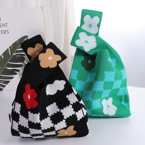 Checkerboard Large Capacity Wrist Bag Knitted Bag Women Tote Bag Shoulder Bag