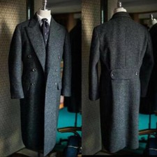 Vintage Men's Tweed Long Overcoat Wool Dark Gray Peak Lapel Double Breasted Coat
