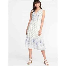 Old Navy White Floral Fit & Flare Tie-Neck Midi Dress Size XL