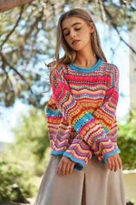 DAVI & DANI MULTI-TEXTURE STRIPED OPEN KNIT PULLOVER SWEATER NEON-MULTI MEDIUM