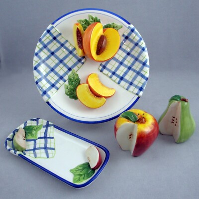 Bella Casa Ganz 3D Wall Hanging Plate Butter Dish Salt Pepper Apple Pear Peaches