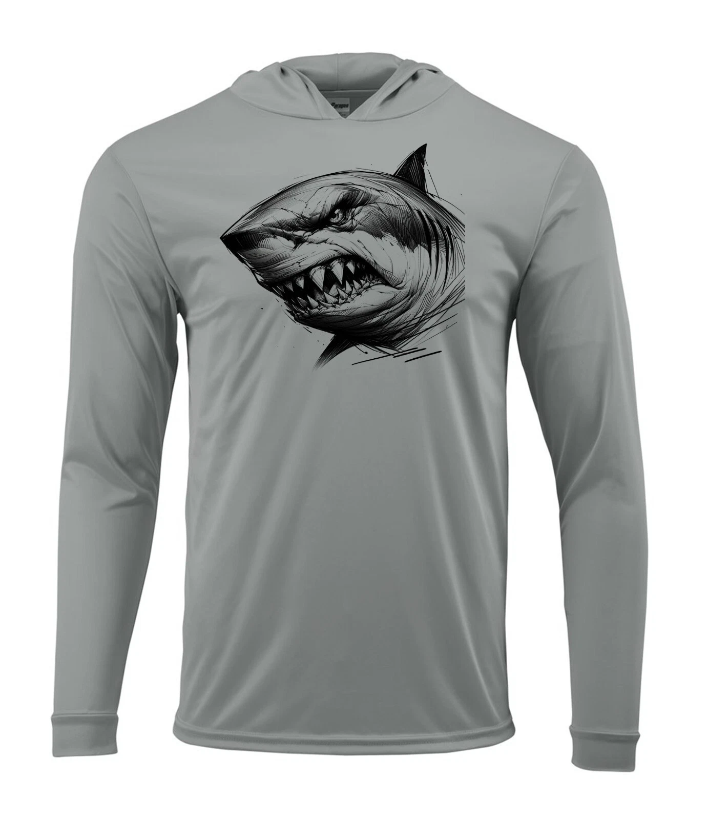 Angry Shark Fisherman Protected UPF 50 Long Sleeve T-Shirt Hood Boat Fishing