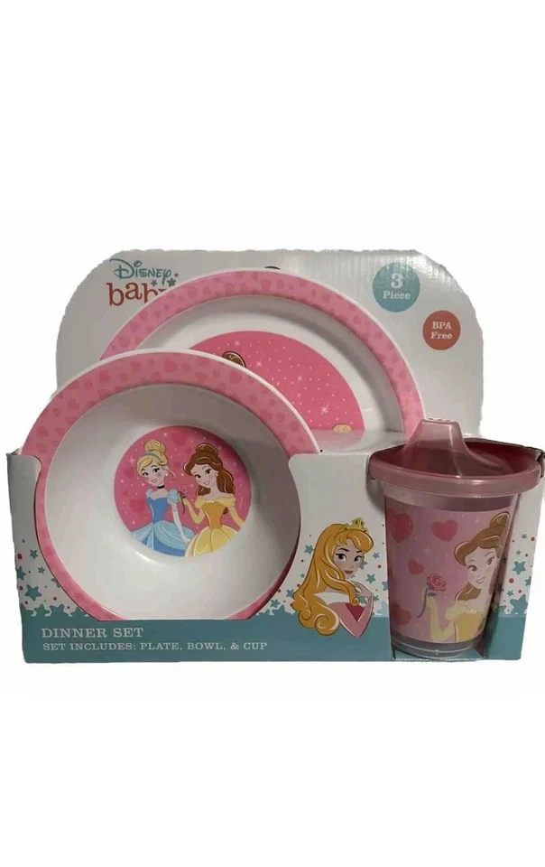 Juego de 3 piezas de cena princesa bebé niña Disney sin BPA, plato, cuenco y taza. Rosa Foto 4 de 4