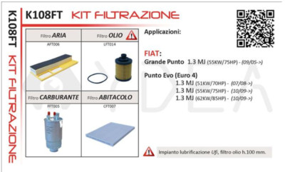 Kit 4 Filters Maintenance Fiat Grande Punto 199 1.3 Multijet 75 HP K108FT