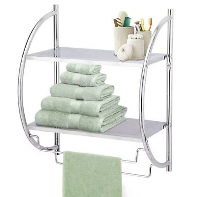 2 Tier Wall Mounted Bathroom Shelf Unit Towel Rail Rack Storage Shelf Chrome