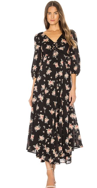Sea Glass Black Floral Midi Dress Size 