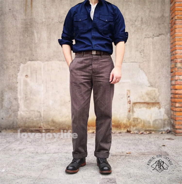 AR Vintage Men French Striped Suit Pants High Rise Straight Heavyweight Cotton - Picture 7 of 19