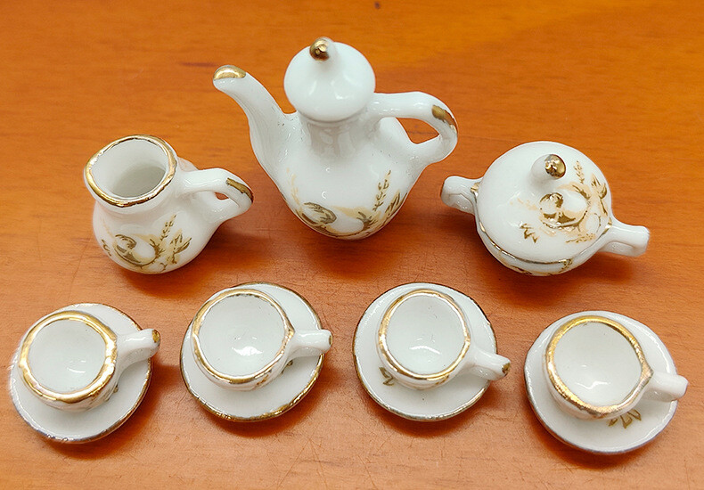 Mini Service à Thé 15 Pièces 1/12 Pour Maison De Poupée – Porcelaine Vintage Avec Motif Trèfle, Accessoire Déco Miniature Pour Cuisine Et Salon