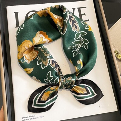 100% Silk Scarf Women Vintage Dark Green Flowers Print