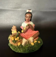 Vtg Young's Inc. GIRL PLAYING WITH FLOWERS &BEAR African American Resin Figurine