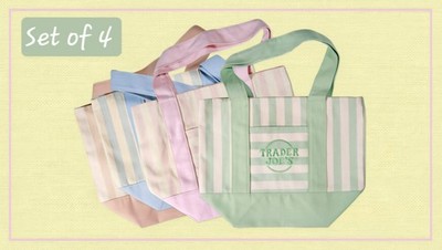   100% Authentic Trader Joe's Striped Canvas Mini Tote Set of 4 Summer ON HAND 