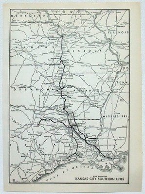 Kansas City Southern - Original 1941 Railroad System Map. Vintage