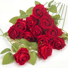 uehdydh 12 Pcs Red Roses Artificial Flowers, Real Touch Fake Velvet