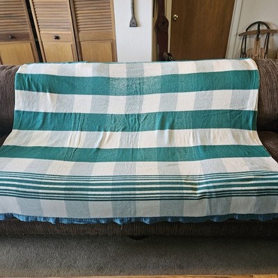 VTG Woven Green Plaid Striped Blanket Satin Edge 72x144 Cabin Lodge Decor 50's