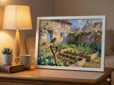 Robin in Cottage Garden Wall Art Print British Countryside Spring Nature Decor