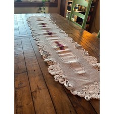 Vintage Crochet Lace Table Runner Roses Handmade Dresser Scarf Cottagecore Lace