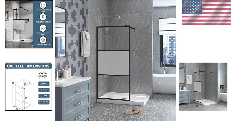 Puerta de ducha ajustable moderna 34" x 72" - Fácil instalación atornillable Foto 2 de 4