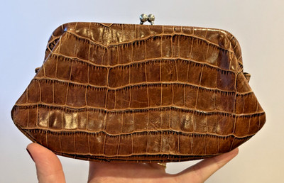 Adrienne Vittadini Small Brown Leather Embossed kiss Lock Closure Clutch Wallet