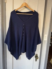 Alashan 100% Cashmere Poncho Wrap Blue Asymmetrical Hem With bead Soft