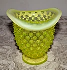 Vintage FENTON Vaseline Uranium GLOWS Hobnail Opalescent Mini Posey Vase 3 1/2"