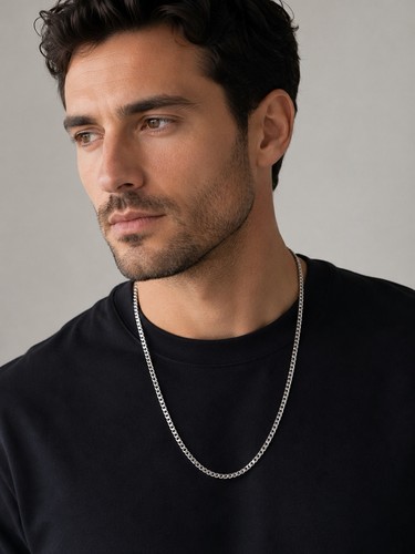 Men's Silver Figaro Chain Necklace 20in Lobster Clasp Engraved