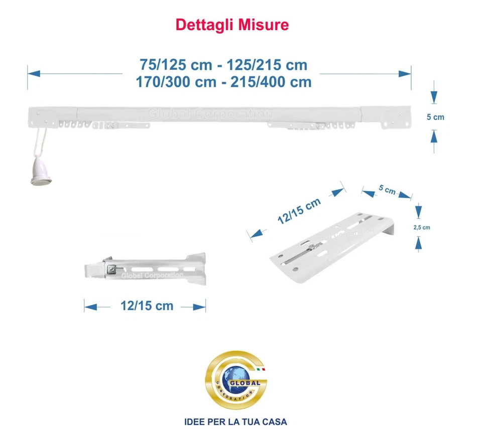 BASTONE TENDA ESTENSIBILE BINARIO BINARI TENDE PER TENDAGGI SCORRITENDA BIANCO - Immagine 4 di 4