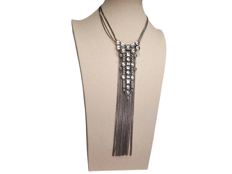 Retro Chicos Runway Silver Tone Brutalist Cascading Tassel Bib Stmt Necklace - Image 3 of 4