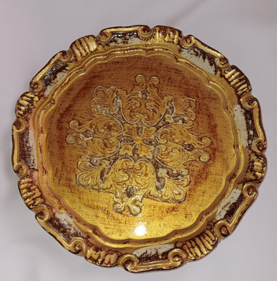 Vintage Italian Florentine Hand Painted Wood Plate Gold Flower 7.5''