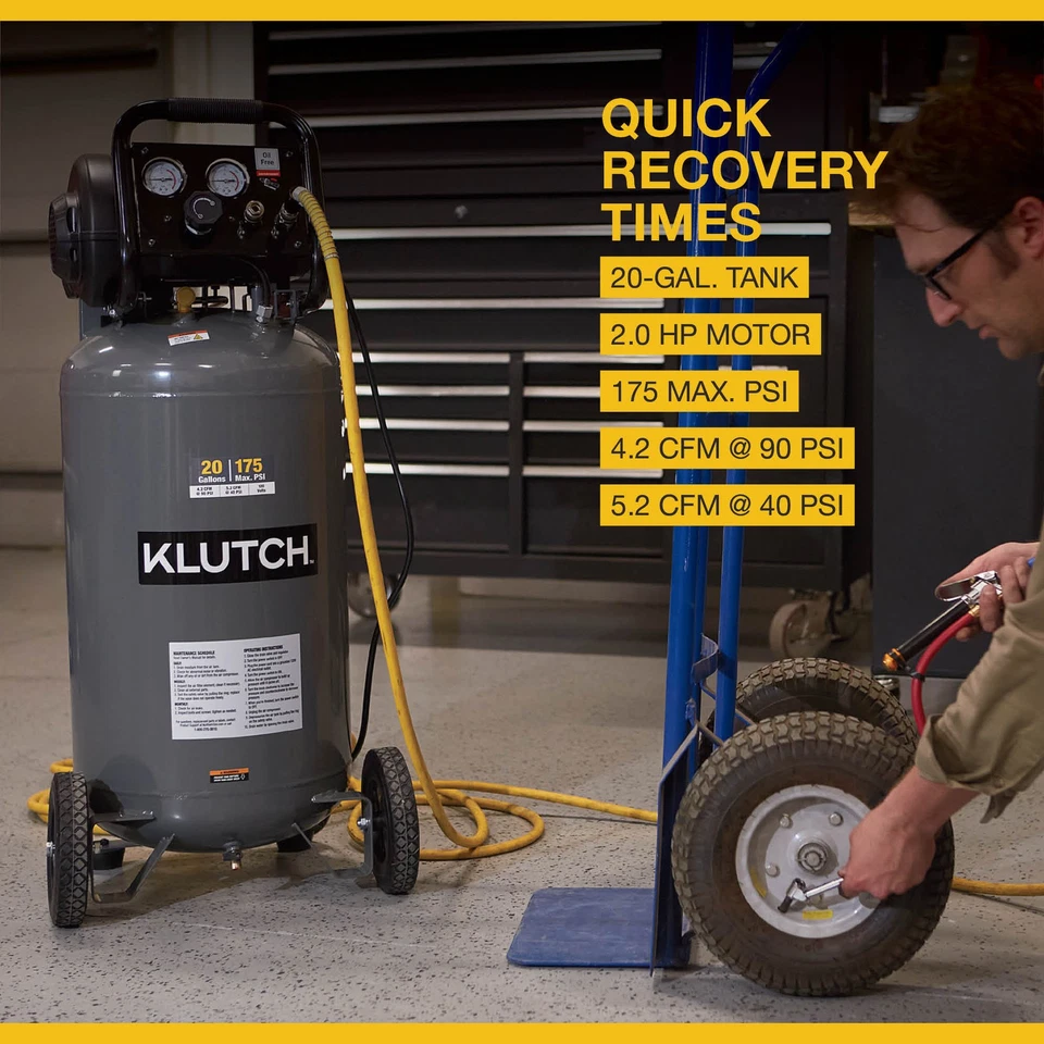 Compresor de aire Klutch de 20 galones, 2 HP, 120 voltios, 175 PSI Foto 3 de 4
