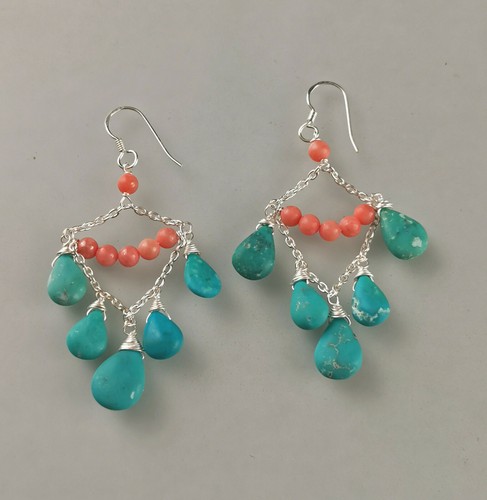 9927737 925er Silver Earrings Koralle-Türkis-Ohrringe 3x7cm - Picture 2 of 3