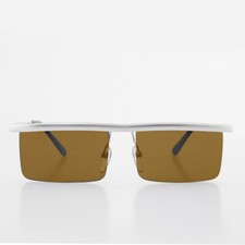 Silver Futuristic Rimless Block Lens Vintage 90s Sunglasses Brown Lens - Hans
