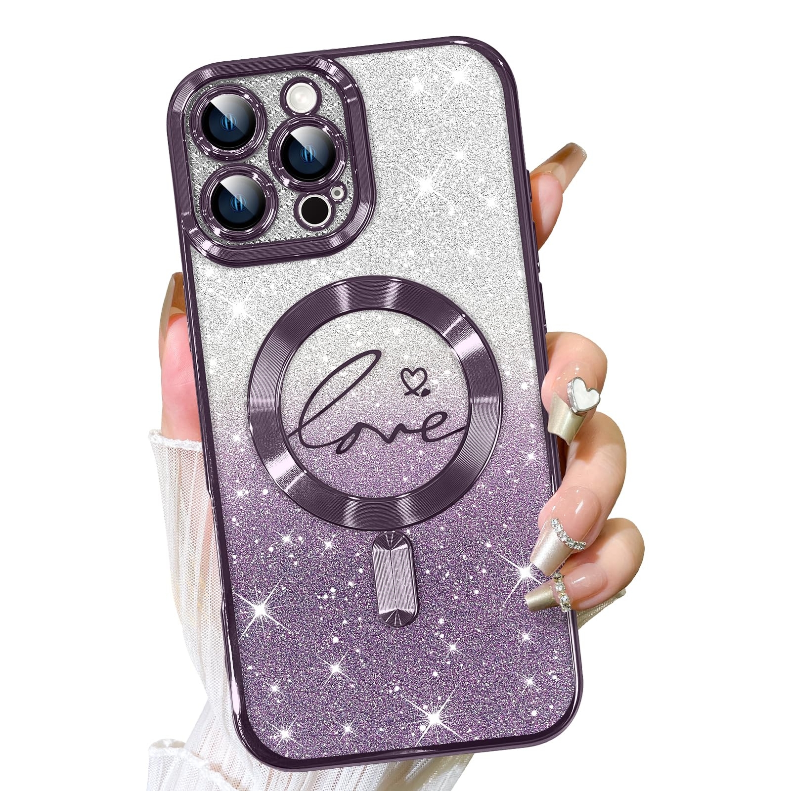 iPhone 16 Pro Max Case MagSafe Love Hearts Girls Glitter Shockproof Phone Cover-image