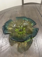 Murano Art Glass Bowl Green Yellow 3 Pull Sides 9" Italian Style MCM