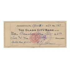 1929 The Glass City Bank Check Jeannette, PA Issued